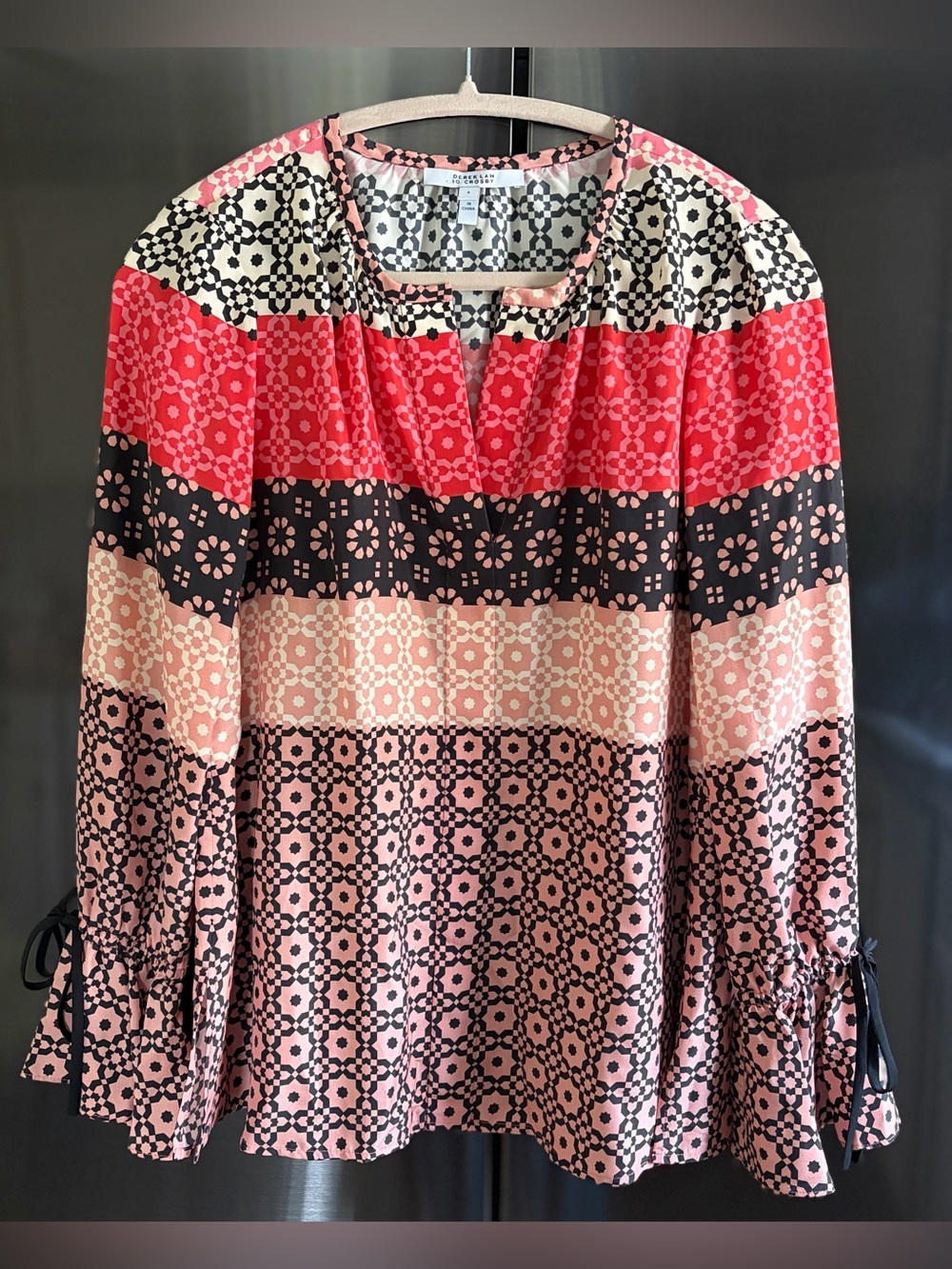 Derek Lam 10 Crosby Boho Silk Geometric Patchwork Peasant/Tunic Top Sz 4 EUC